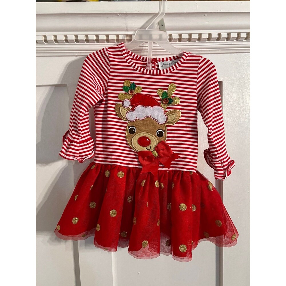 Emily Rose Toddler Girls Size 2T Christmas Reindeer Red White Striped Tutu Dress